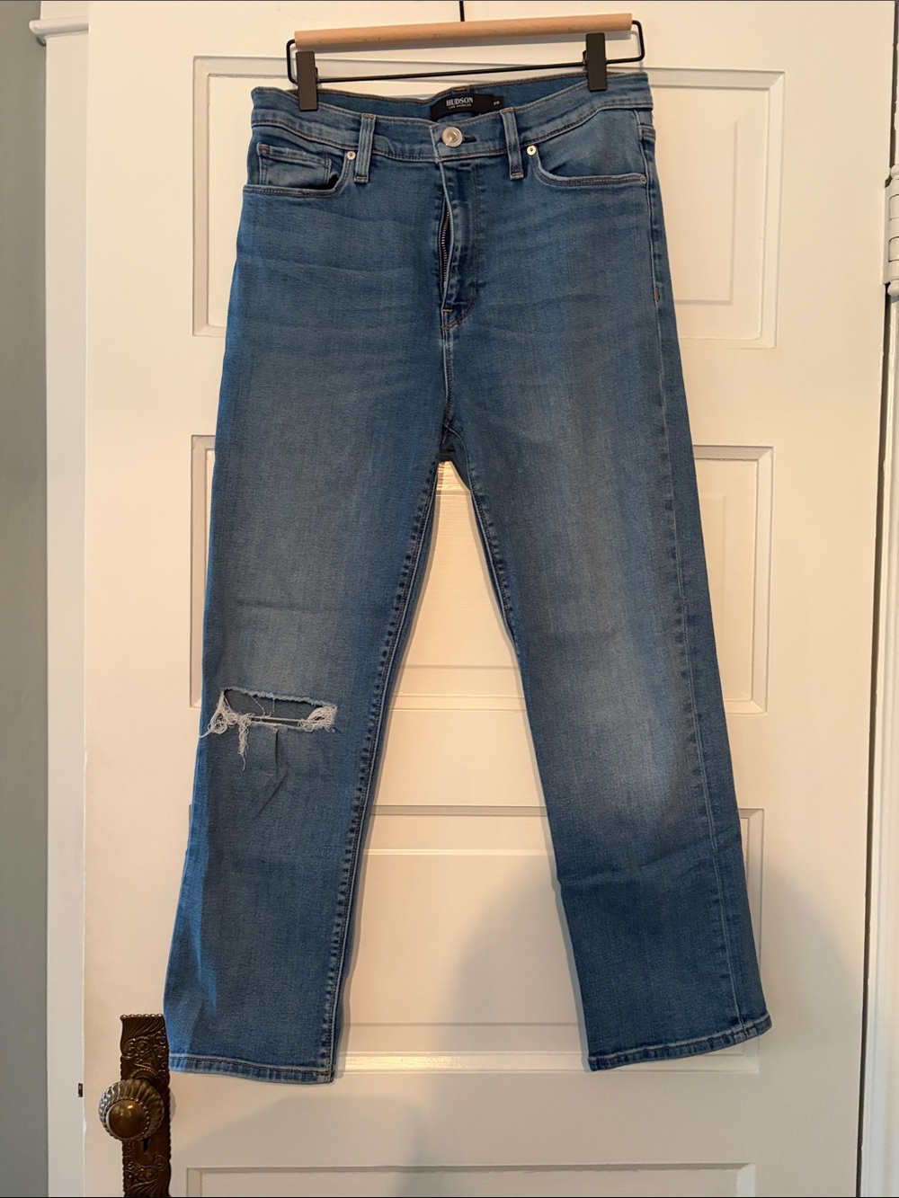Hudson Barbara Straight Blue Jeans with Knee Distress